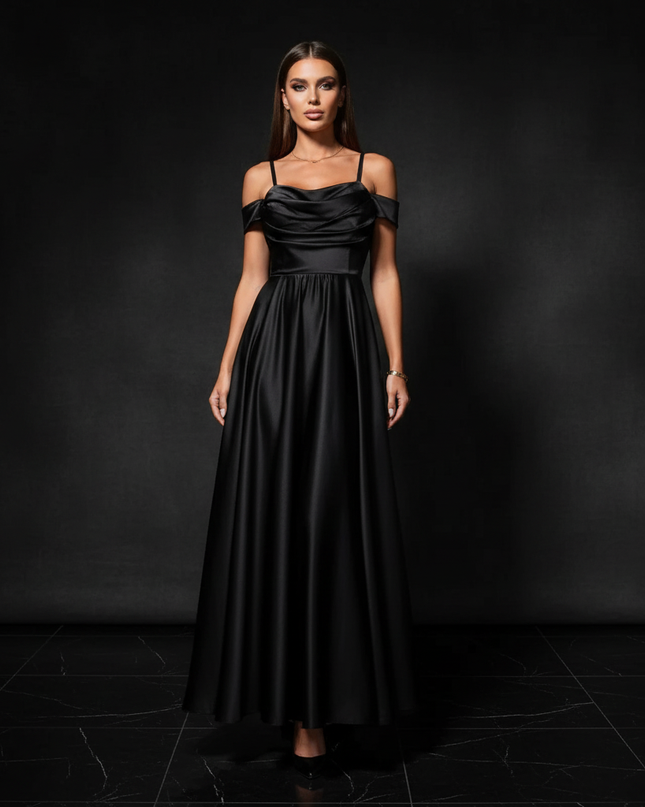 Satin Kleid - Satin Abendkleid Gruen - Off-Shoulder Maxi Schlitz - Ansicht 1