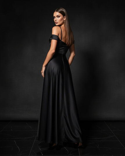 Satin Kleid - Satin Abendkleid Gruen - Off-Shoulder Maxi Schlitz - Ansicht 2