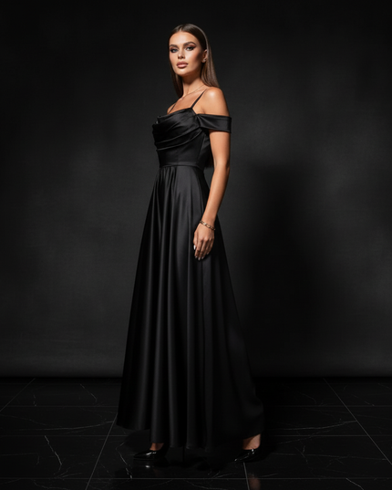 Satin Kleid - Satin Abendkleid Gruen - Off-Shoulder Maxi Schlitz - Ansicht 3