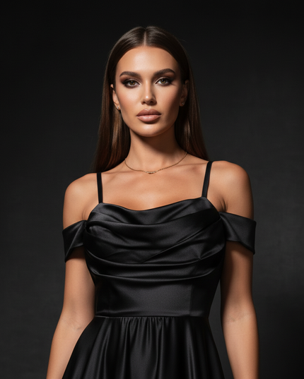 Satin Kleid - Satin Abendkleid Gruen - Off-Shoulder Maxi Schlitz - Ansicht 4