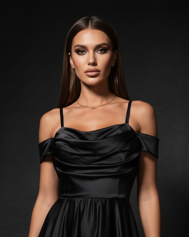 Satin Kleid - Satin Abendkleid Gruen - Off-Shoulder Maxi Schlitz - Ansicht 4
