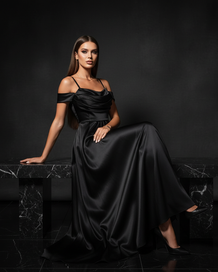 Satin Kleid - Satin Abendkleid Gruen - Off-Shoulder Maxi Schlitz - Ansicht 5