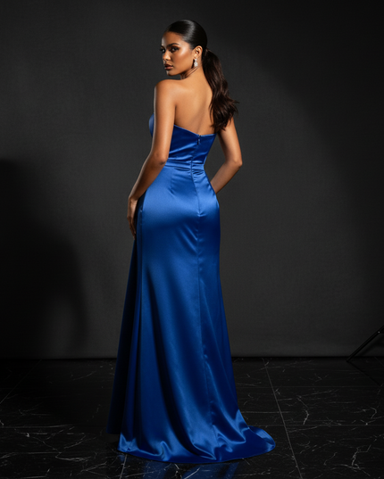 Satin Kleid Blue - Abendkleid Hellblau Seitenschlitz Satin Luxus Lang - Ansicht 2