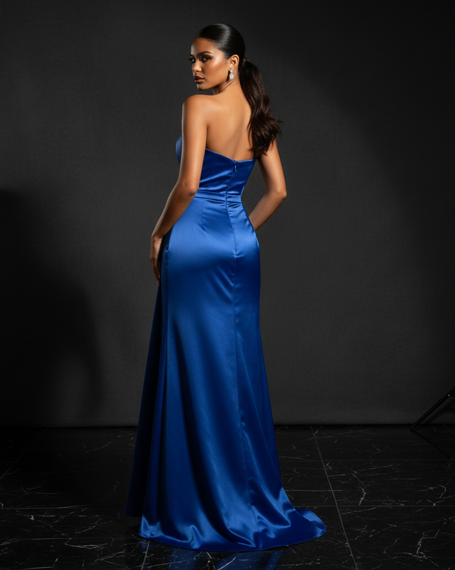 Satin Kleid Blue - Abendkleid Hellblau Seitenschlitz Satin Luxus Lang - Ansicht 2