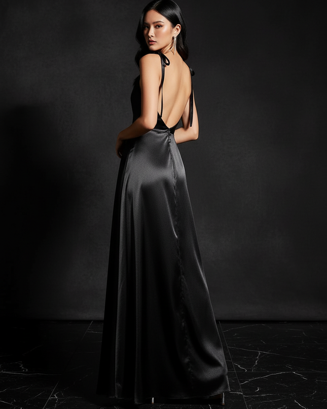Satin Kleid - Satin Abendkleid Koenigsblau - Lang Cowl Neck - Ansicht 2