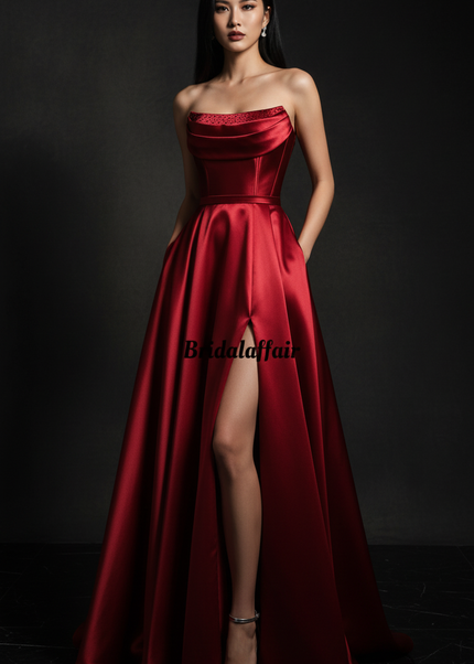 Satin Kleid Red - Satin Abendkleid Korsett Bordeaux - Lang mit Schlitz - Ansicht 1