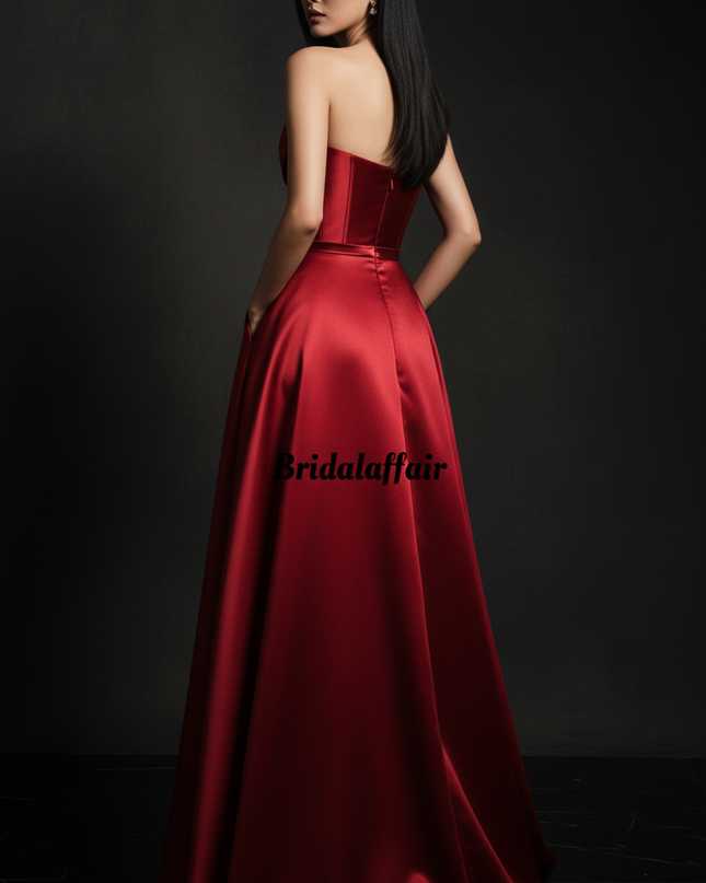 Satin Kleid Red - Satin Abendkleid Korsett Bordeaux - Lang mit Schlitz - Ansicht 2