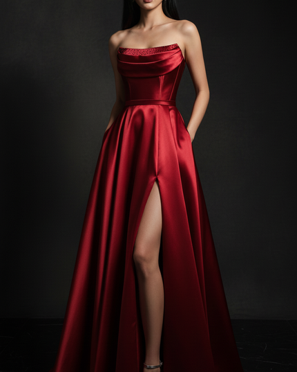 Satin Kleid Red - Satin Abendkleid Korsett Bordeaux - Lang mit Schlitz - Ansicht 3