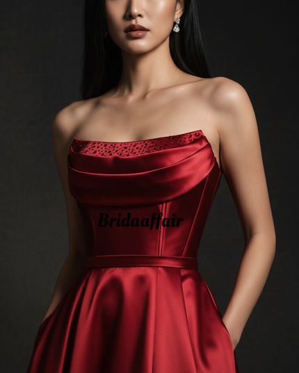 Satin Kleid Red - Satin Abendkleid Korsett Bordeaux - Lang mit Schlitz - Ansicht 4