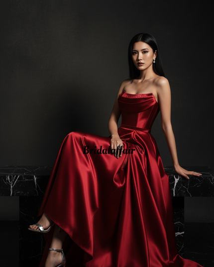 Satin Kleid Red - Satin Abendkleid Korsett Bordeaux - Lang mit Schlitz - Ansicht 5