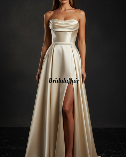 Satin Kleid Cream - Satin Abendkleid Korsett Champagner - Lang mit Schlitz - Ansicht 1