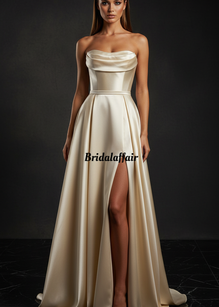 Satin Kleid Cream - Satin Abendkleid Korsett Champagner - Lang mit Schlitz - Ansicht 1