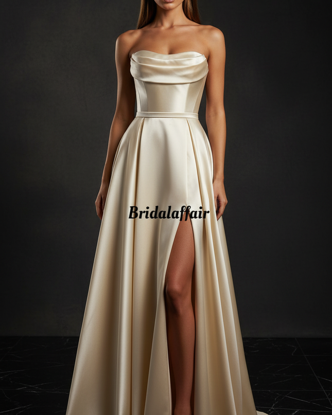 Satin Kleid Cream - Satin Abendkleid Korsett Champagner - Lang mit Schlitz - Ansicht 1