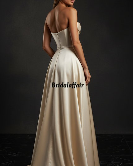 Satin Kleid Cream - Satin Abendkleid Korsett Champagner - Lang mit Schlitz - Ansicht 2