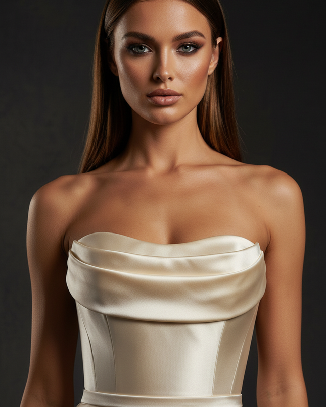 Satin Kleid Cream - Satin Abendkleid Korsett Champagner - Lang mit Schlitz - Ansicht 4