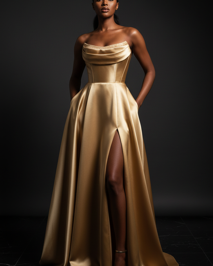 Satin Kleid Gold - Satin Abendkleid Korsett Gold - Traegerlos mit Schlitz - Ansicht 1