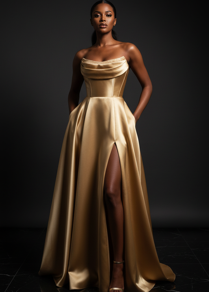 Satin Kleid Gold - Satin Abendkleid Korsett Gold - Traegerlos mit Schlitz - Ansicht 1