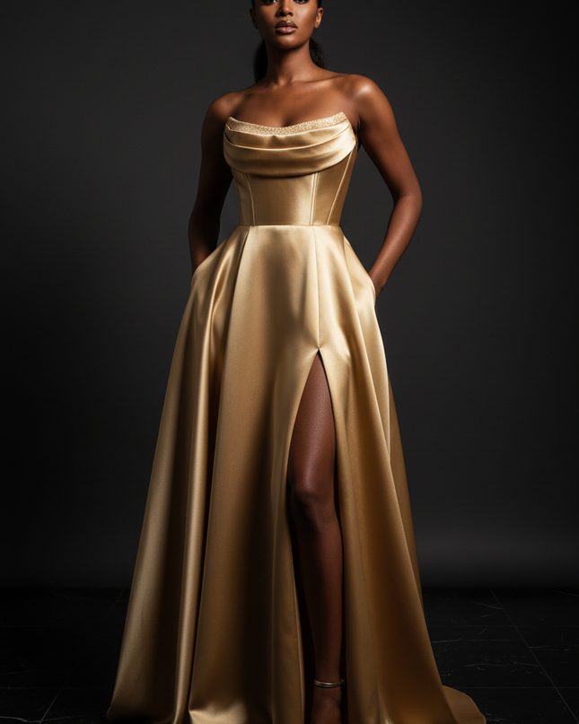 Satin Kleid Gold - Satin Abendkleid Korsett Gold - Traegerlos mit Schlitz - Ansicht 1