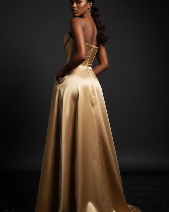 Satin Kleid Gold - Satin Abendkleid Korsett Gold - Traegerlos mit Schlitz - Ansicht 2