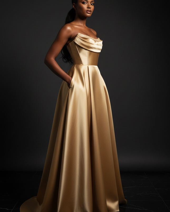 Satin Kleid Gold - Satin Abendkleid Korsett Gold - Traegerlos mit Schlitz - Ansicht 3