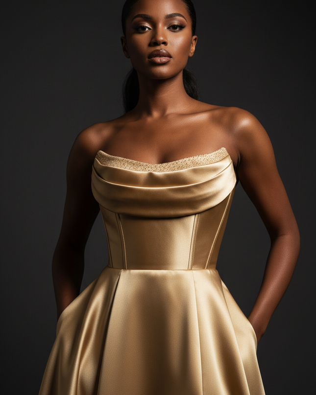 Satin Kleid Gold - Satin Abendkleid Korsett Gold - Traegerlos mit Schlitz - Ansicht 4