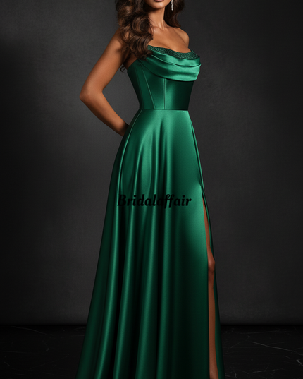 Satin Kleid Green - Satin Abendkleid Korsett Gruen - Traegerlos A-Linie - Ansicht 3