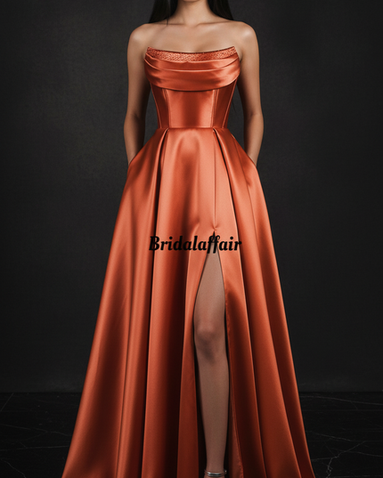 Satin Kleid Orange - Satin Abendkleid Korsett Orange - Lang mit Schlitz - Ansicht 1