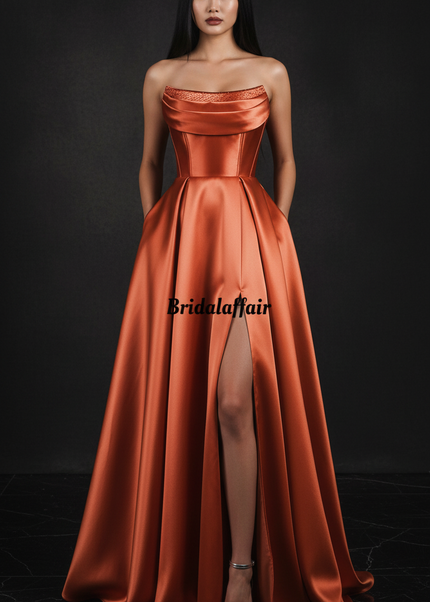 Satin Kleid Orange - Satin Abendkleid Korsett Orange - Lang mit Schlitz - Ansicht 1