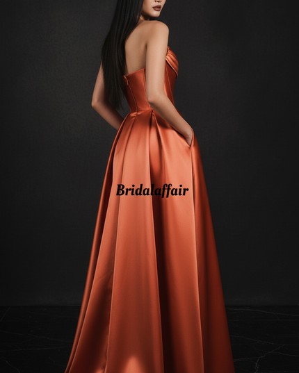 Satin Kleid Orange - Satin Abendkleid Korsett Orange - Lang mit Schlitz - Ansicht 2