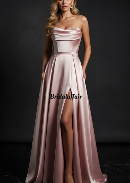 Satin Kleid Pink - Satin Abendkleid Korsett Puderrosa - Traegerlos Lang - Ansicht 1