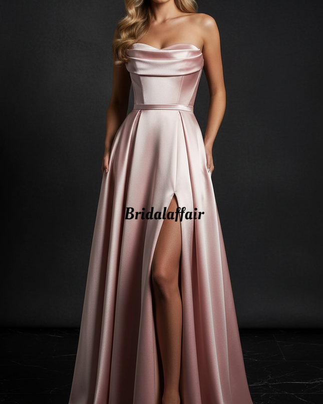 Satin Kleid Pink - Satin Abendkleid Korsett Puderrosa - Traegerlos Lang - Ansicht 1