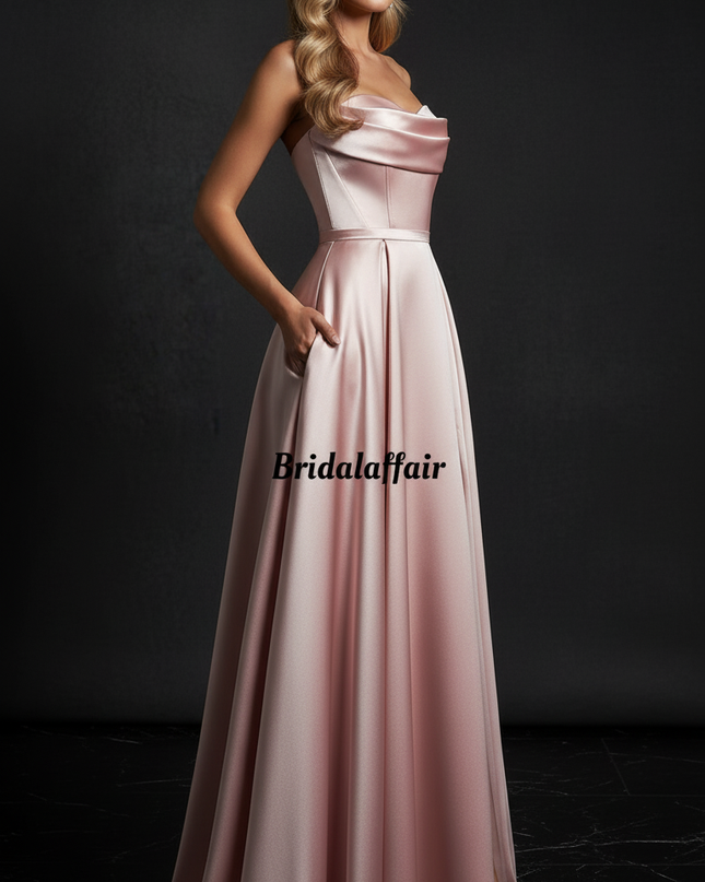 Satin Kleid Pink - Satin Abendkleid Korsett Puderrosa - Traegerlos Lang - Ansicht 3
