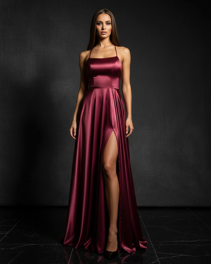 Satin Kleid - Satin Abendkleid Kupfer - Cowl Neck lang metallisch - Ansicht 1