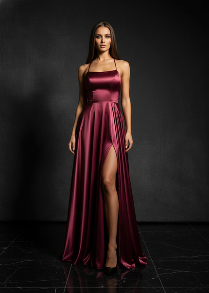 Satin Kleid - Satin Abendkleid Kupfer - Cowl Neck lang metallisch - Ansicht 1