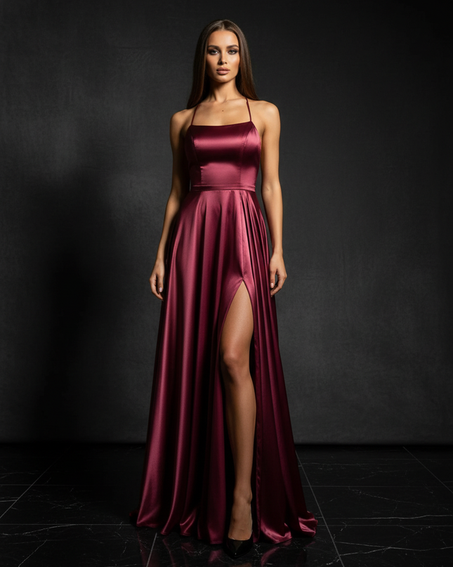 Satin Kleid - Satin Abendkleid Kupfer - Cowl Neck lang metallisch - Ansicht 1