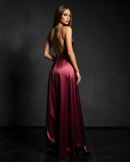 Satin Kleid - Satin Abendkleid Kupfer - Cowl Neck lang metallisch - Ansicht 2