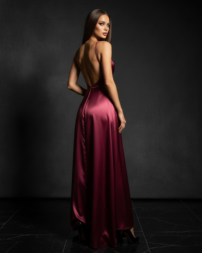 Satin Kleid - Satin Abendkleid Kupfer - Cowl Neck lang metallisch - Ansicht 2