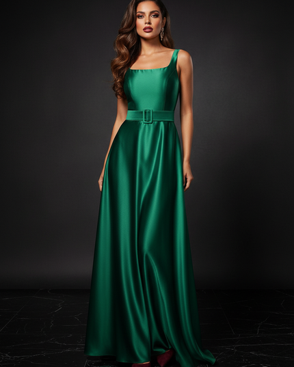 Satin Kleid - Satin Abendkleid Lang A-Linie - Elegantes Gruenes Maxikleid - Ansicht 1