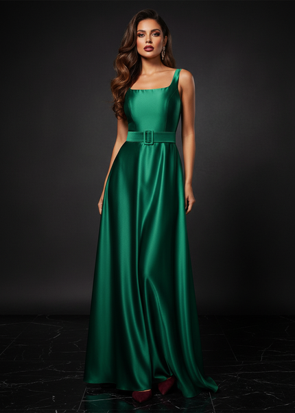 Satin Kleid - Satin Abendkleid Lang A-Linie - Elegantes Gruenes Maxikleid - Ansicht 1