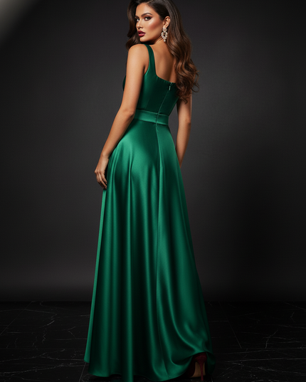 Satin Kleid - Satin Abendkleid Lang A-Linie - Elegantes Gruenes Maxikleid - Ansicht 2