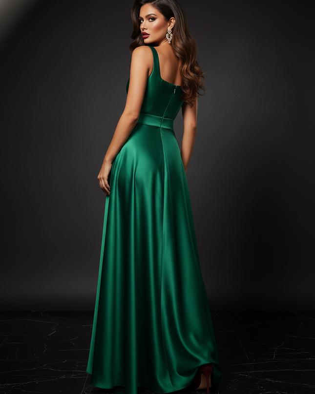 Satin Kleid - Satin Abendkleid Lang A-Linie - Elegantes Gruenes Maxikleid - Ansicht 2