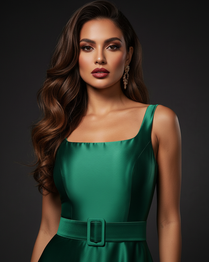 Satin Kleid - Satin Abendkleid Lang A-Linie - Elegantes Gruenes Maxikleid - Ansicht 4