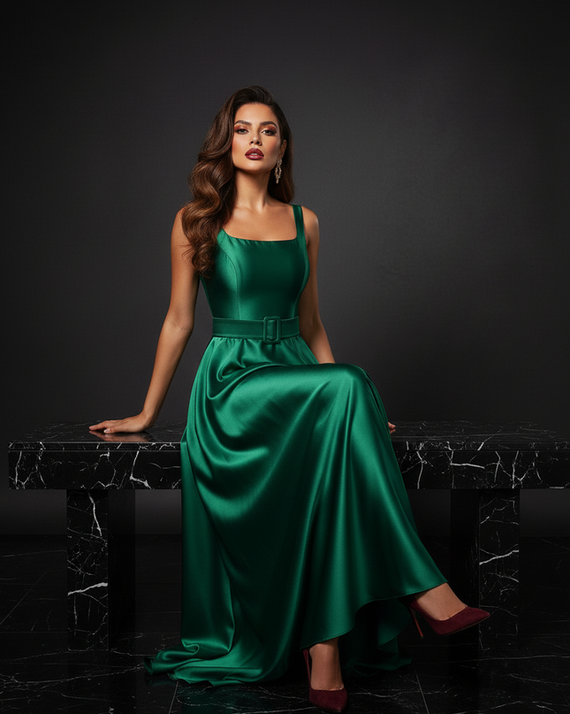 Satin Kleid - Satin Abendkleid Lang A-Linie - Elegantes Gruenes Maxikleid - Ansicht 5
