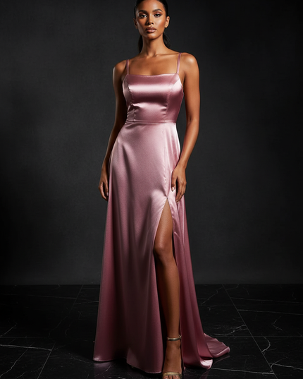 Satin Kleid - Satin Abendkleid Lang Champagner - Cowl Neck - Ansicht 1