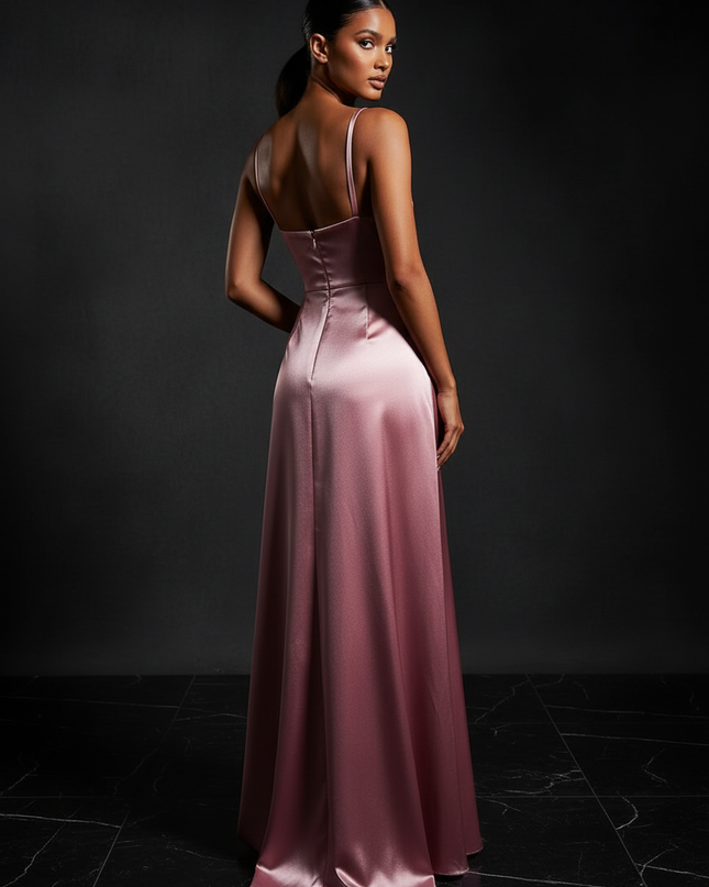 Satin Kleid - Satin Abendkleid Lang Champagner - Cowl Neck - Ansicht 2