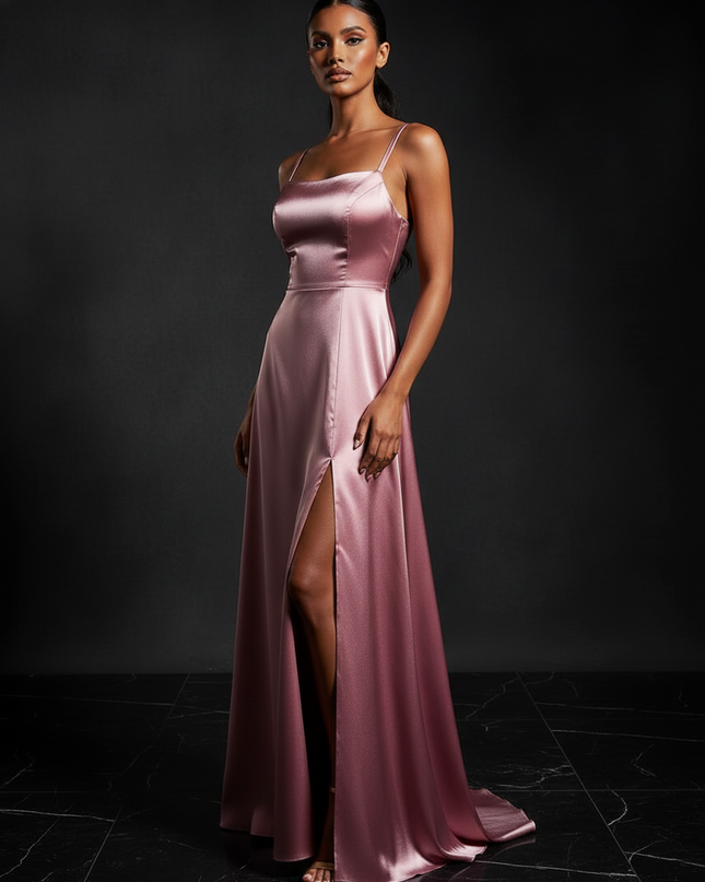 Satin Kleid - Satin Abendkleid Lang Champagner - Cowl Neck - Ansicht 3