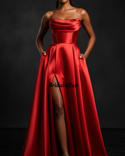 Satin Kleid - Satin Abendkleid Lang Corsage Rot - Strapless A-Linie - Ansicht 1