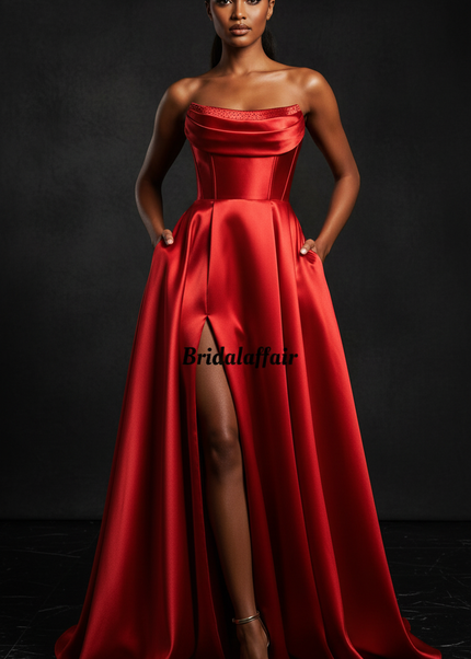 Satin Kleid - Satin Abendkleid Lang Corsage Rot - Strapless A-Linie - Ansicht 1