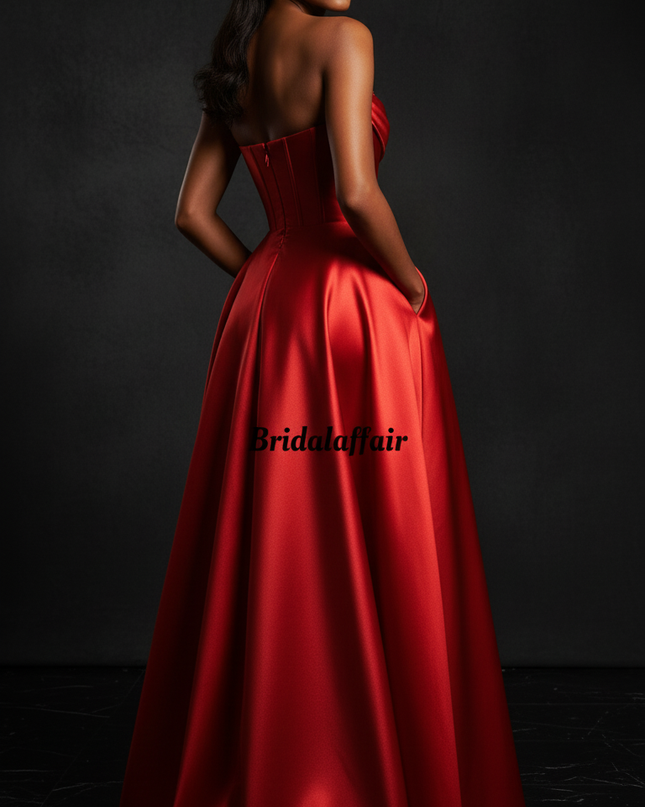 Satin Kleid - Satin Abendkleid Lang Corsage Rot - Strapless A-Linie - Ansicht 2