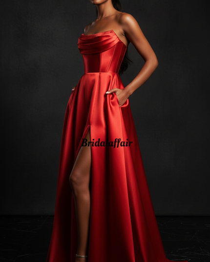 Satin Kleid - Satin Abendkleid Lang Corsage Rot - Strapless A-Linie - Ansicht 3